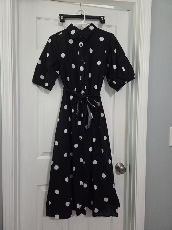 a new day Dresses & Skirts - NWT a new day Black and White Polka Dot Midi Shirt Dress with Tie Waist